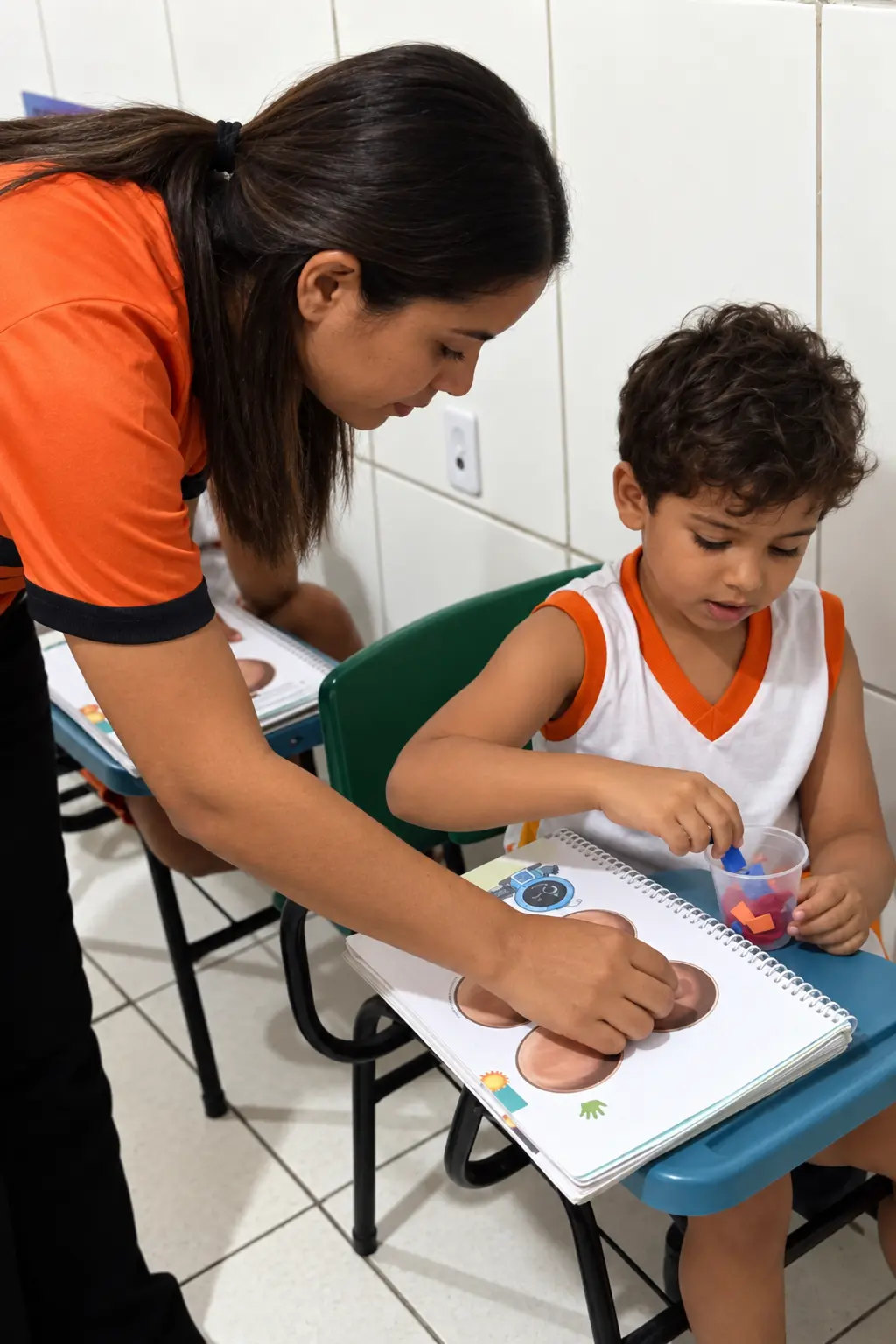 Professora do Colégio Educar acompanhando um aluno na atividade do livro
