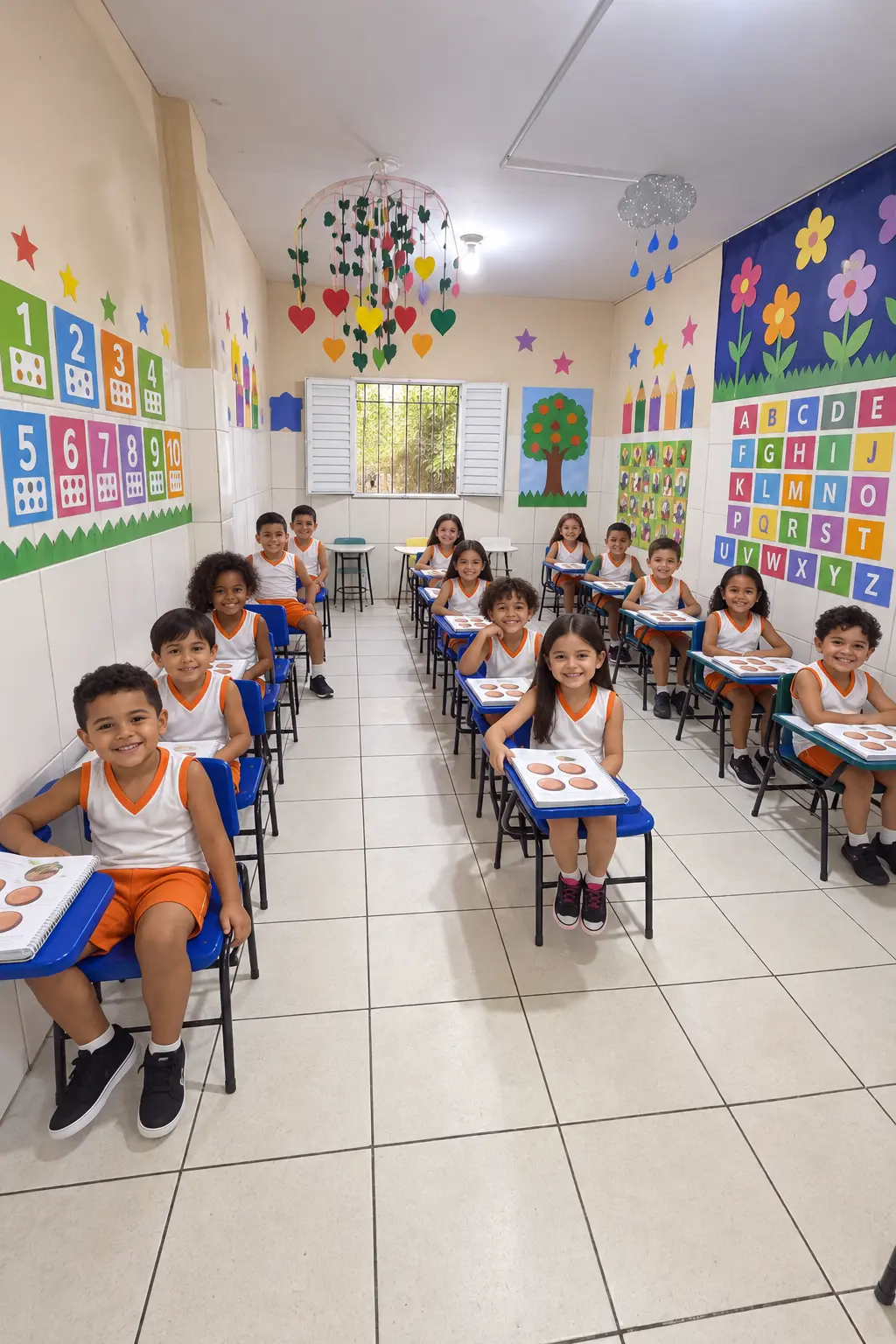 Turma do Colégio Educar sorrindo em sala de aula decorada com letras e números