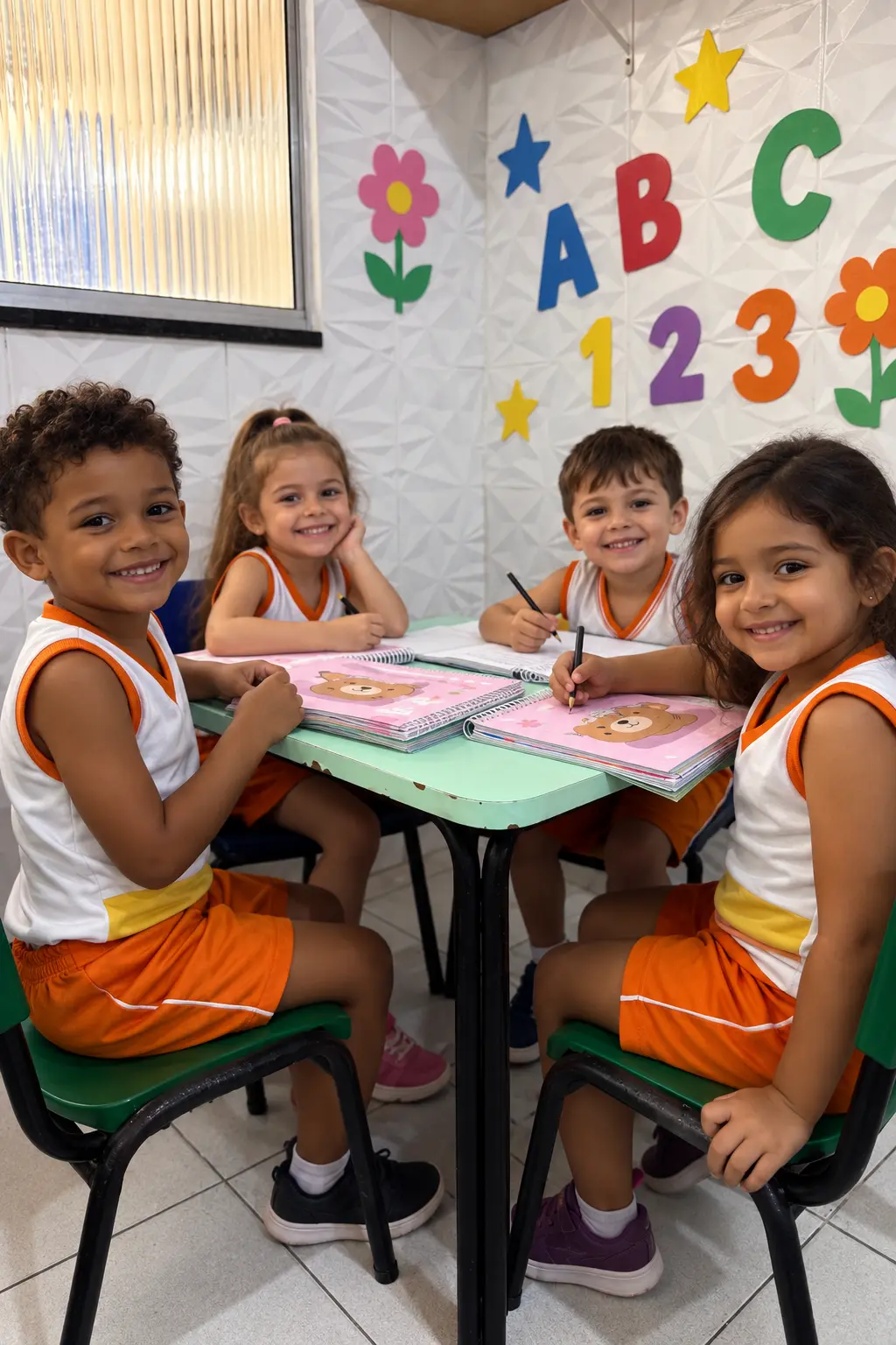 Crianças do Colégio Educar com a farda branca e laranja sorrindo ao redor da mesa de atividades