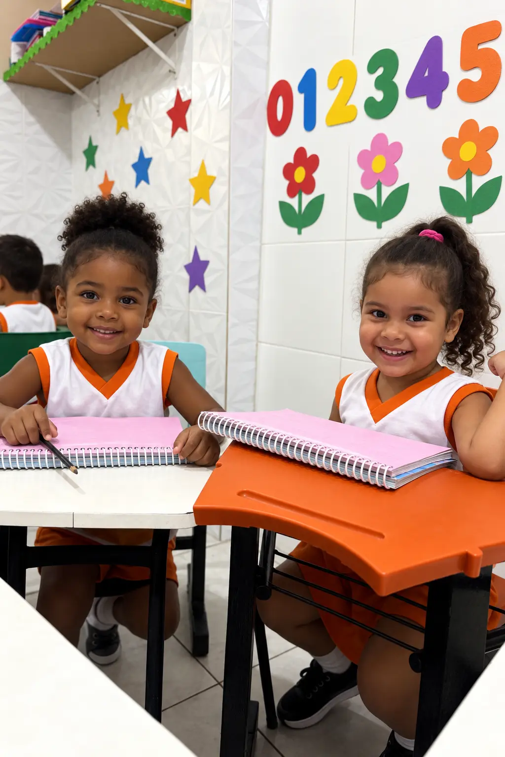 Duas alunas da Educação Infantil do Colégio Educar sorrindo com seus livros
